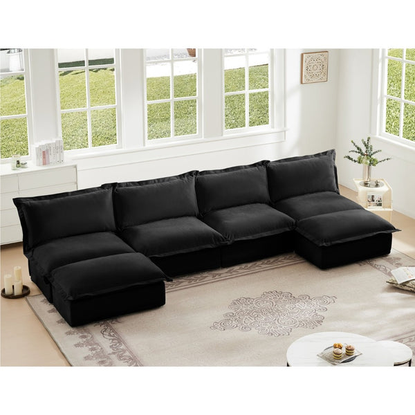 English Elm Slipcovered Chenille U-shape Sectional Deep Seat Cloud Couch with Reversible Ottoman W3041S00121