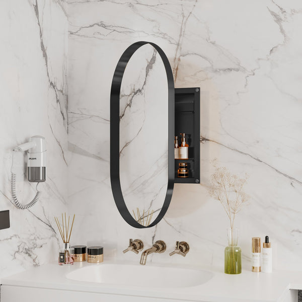 English Elm 20x34 Recessed Medicine Cabinet with Mirror — Black Metal Frame, Adjustable Shelves, Sleek Bathroom Storage Matte Black W1435P201160