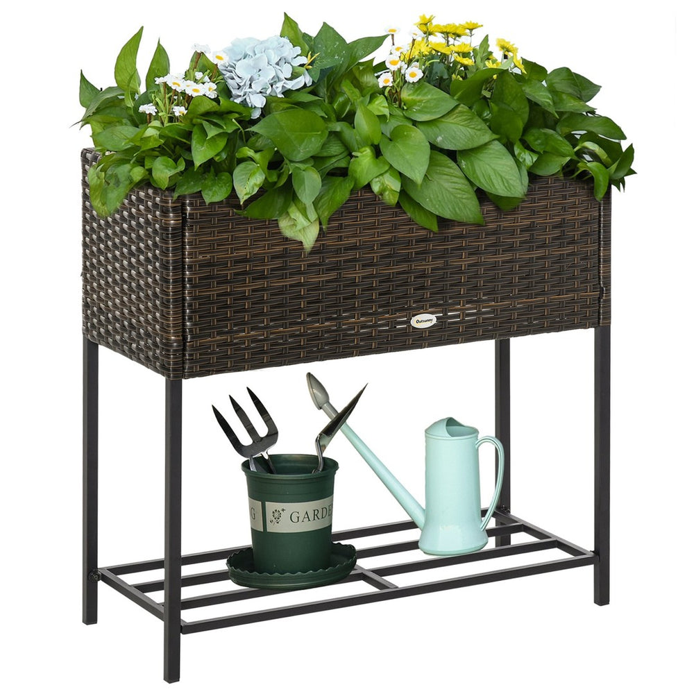 English Elm Outsunny Elevated Pe Rattan Planter Box with Tool Shelf for Herbs and Vegetables W2225P174037