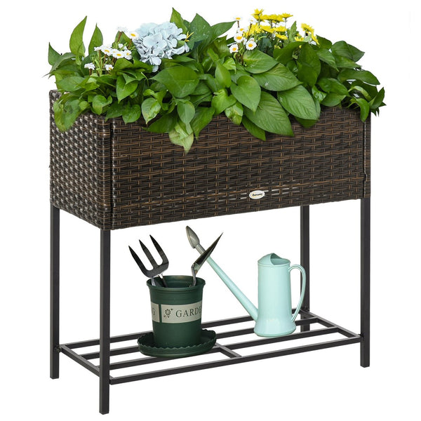 English Elm Outsunny Elevated Pe Rattan Planter Box with Tool Shelf for Herbs and Vegetables W2225P174037