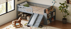 English Elm Twin Platform Kids Bed with Slide Ladder Guardrails Storage Shelf Wood Frame Gray N733S415411E