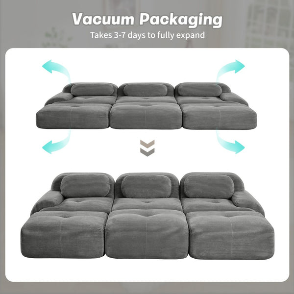 English Elm Three-seat Modular Corduroy Sectional Sofa with Ottomans for Living and Media Rooms Grey W714S01269
