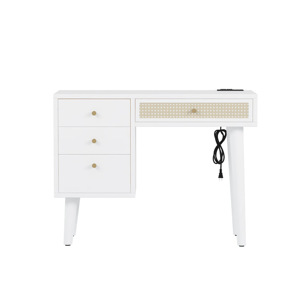 English Elm 39" Retro Bohemian Makeup Vanity Set with Rattan Drawers, USB Charging Port, Cushioned Stool, 4-Drawer Storage White 44.1 L x 18.75 W x 10.5 H N733P180011K