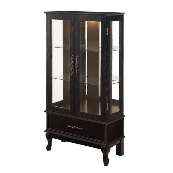 English Elm Lighted Curio Cabinet with Vintage Carved Handles, LED Display, Adjustable Shelves & Hidden Drawer 40" W2275P389711
