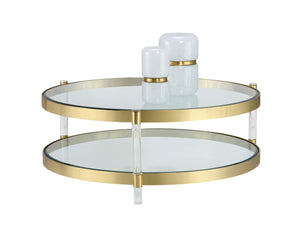 Sunpan YORK Coffee Table - Artisan Crafted with Antique Brass Finish and Dual Tempered Glass Shelves 104809
