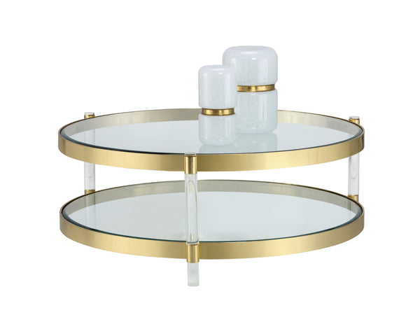 Sunpan YORK Coffee Table - Artisan Crafted with Antique Brass Finish and Dual Tempered Glass Shelves 104809