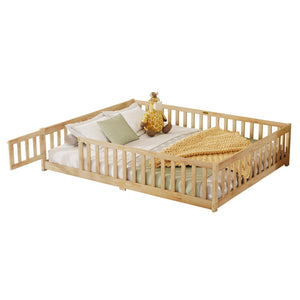 English Elm Queen Rubberwood Floor Bed with Perimeter Fence and Latch Door for Toddler Safety W504P370525