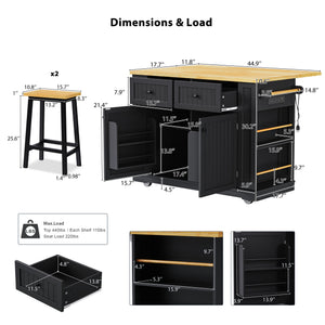 English Elm K&K 48in Kitchen Island Set with 2 Stools, Built-In Power Station, Drop Leaf & Ample Storage Space Black N707S000015B
