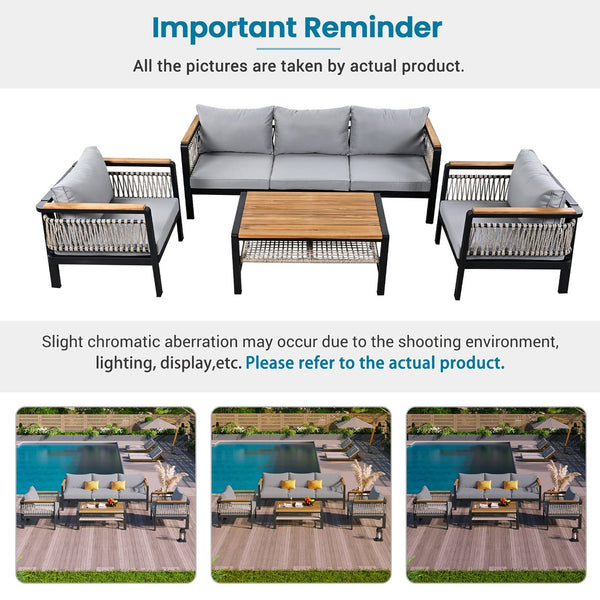 English Elm 4 Pieces Outdoor Sectional Sofa Set with Water-Resistant Cushions, Woven Rope Detail & Acacia Table Grey N719Z000130E