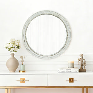 English Elm Round Distressed White Wood Beaded Wall Mirror – Vintage Farmhouse Accent For Brightening Spaces W2295P388974-GIGA