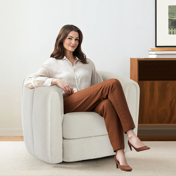 English Elm Swivel Teddy Barrel Chair with 360° Rotation, Plush Upholstered Bucket Seat, Solid Wood Frame White Teddy W2606P187688