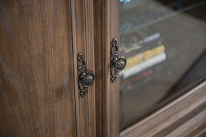 English Elm Traditional Weathered Oak Entertainment Console Hand Carved Dentil Crown Six Door Storage B2741S00759