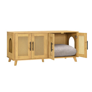 English Elm Lars Rubberwood Rattan Dog Crate Cabinet Stylish Pet Kennel for Living Room Natural N775P397559N