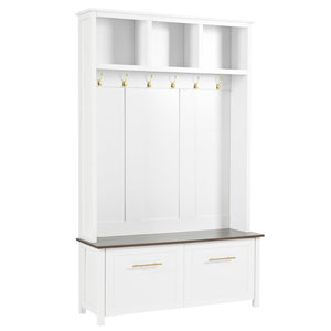 English Elm On-trend Entryway Hall Tree with Gold Hooks Bench Drawers and Shoe Cabinet Storage White N721S000056K-1