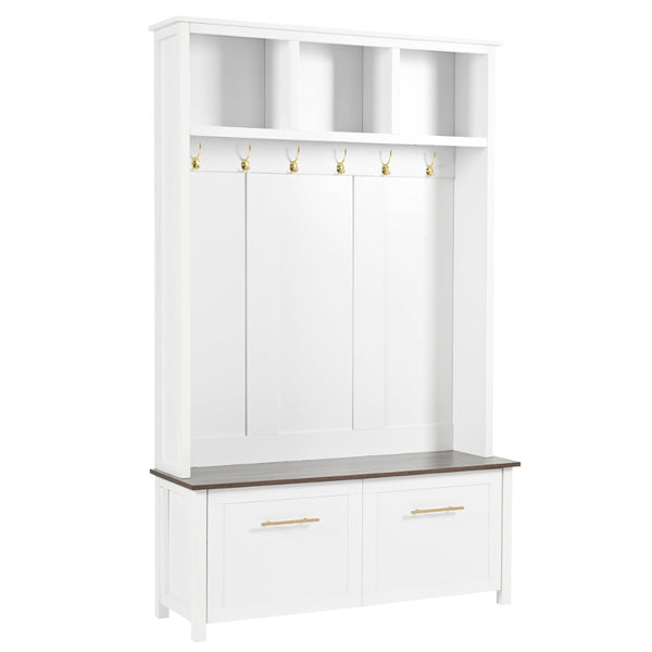 English Elm On-trend Entryway Hall Tree with Gold Hooks Bench Drawers and Shoe Cabinet Storage White N721S000056K-1