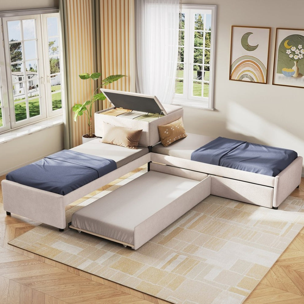 English Elm L-shaped Twin Platform Bed Set with Trundle Drawers and Center Table in Beige Linen GX000531AAA