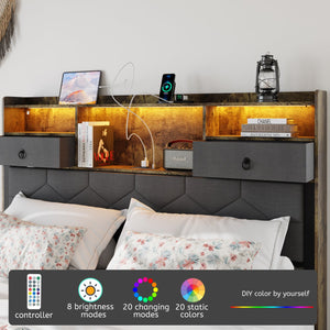 English Elm Bed Frame Queen Size with Drawers, Charging Station & RGB LED, Upholstered Storage Headboard, 1000lb Support, Antique Brown W636P193469