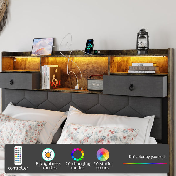 English Elm Bed Frame Queen Size with Drawers, Charging Station & RGB LED, Upholstered Storage Headboard, 1000lb Support, Antique Brown W636P193469