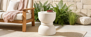 English Elm U_style Hourglass Mgo Concrete Outdoor Accent Table Sculptural Stone Texture Patio Decor Beige N711P422067K