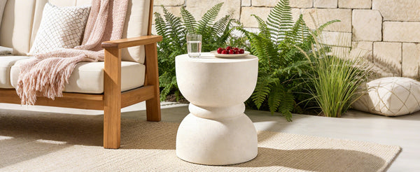 English Elm U_style Hourglass Mgo Concrete Outdoor Accent Table Sculptural Stone Texture Patio Decor Beige N711P422067K