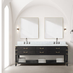 English Elm Black Oak Double Bath Vanity 84" W x 22" D with Carrara Marble Top, Chrome Faucets, Soft-Close Storage B2731P261073