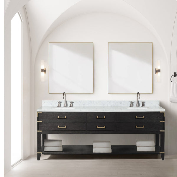 English Elm Black Oak Double Bath Vanity 84" W x 22" D with Carrara Marble Top, Chrome Faucets, Soft-Close Storage B2731P261073