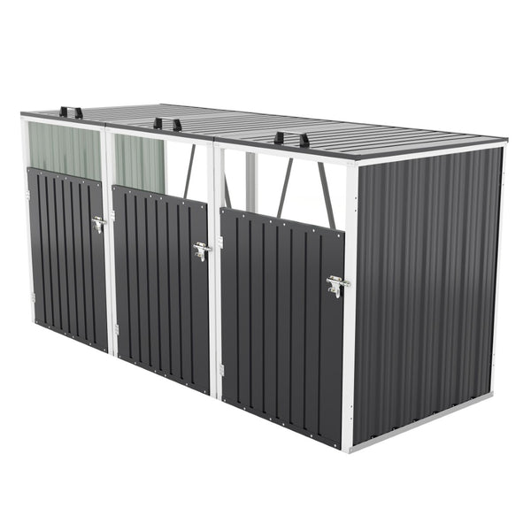 English Elm Garbage Bin Shed Galvanized Steel Enclosure Fits Three Cans with Lockable Waterproof Lid Dark Gray W1598P357716