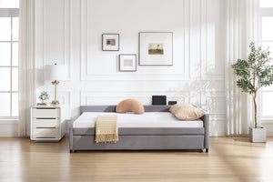 English Elm Upholstered Velvet Daybed with Pull Out Trundle Diamond Tufted Guest Bedroom Sofa Grey W1361S00067