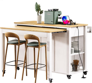 English Elm K&K 47 Inch Kitchen Island with Extendable Dining Table, Rolling Storage Cabinet, Built-In Power White N707P215327W
