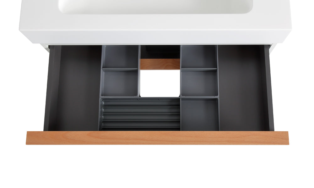 English Elm VELA 30 Inch Wall Mounted Bathroom Vanity with Integrated Acrylic Sink, Dual Wood Handles, Soft-Close Drawers, Matte Finish White W3235P327594