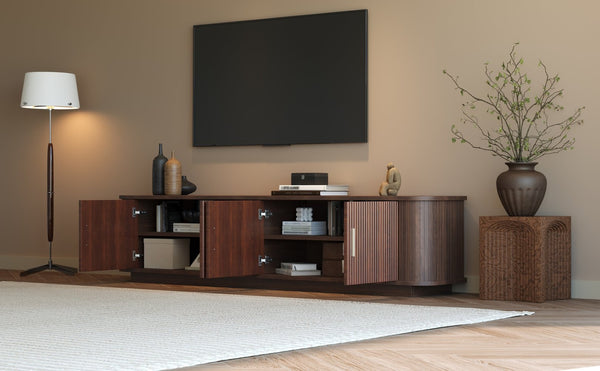 English Elm 70-inch Media Console with Sliding Groove Doors Solid Pine Legs and Cable Management N710P427898P