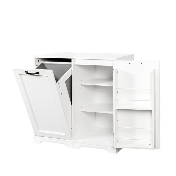 English Elm Laundry Cabinet with Tilt-Out Hamper, Adjustable Shelves & Doors, Freestanding White Storage Unit W331P280824