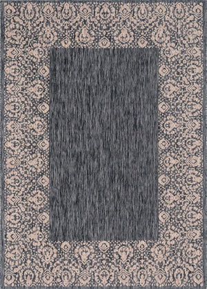 Unique Loom Outdoor Border Floral Border Machine Made Floral Rug Charcoal Gray, Beige/Gray 7' 1" x 10' 0"