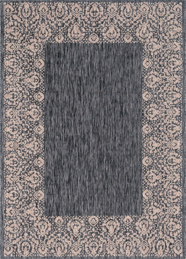 Unique Loom Outdoor Border Floral Border Machine Made Floral Rug Charcoal Gray, Beige/Gray 7' 1" x 10' 0"