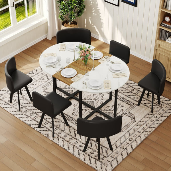 English Elm 7-piece Oval Dining Set Two-tone Marble Tabletop with Pu Leather Chairs for Six Black,White,Wood W3875S00090