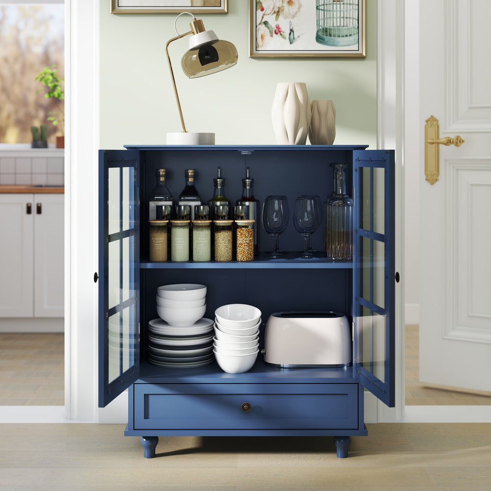 English Elm Minimalist Vintage Buffet Cabinet with Double Glass Doors, Adjustable Shelves, Drawer & Solid Legs Blue W2557P307944