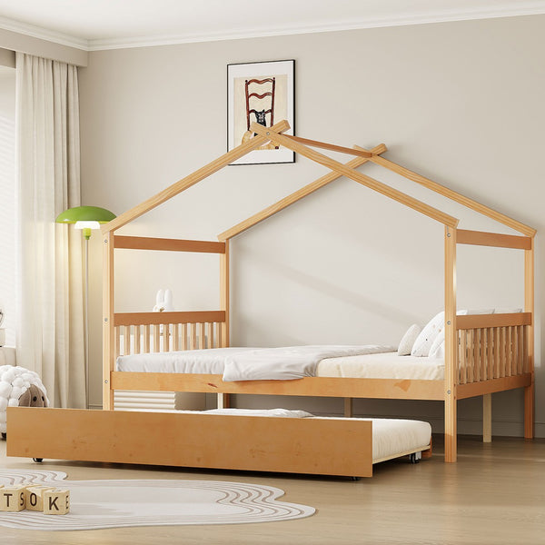 English Elm Full Size House Bed Solid Pinewood Frame with Pull Out Twin Trundle for Kids Natural LP000305AAM-1