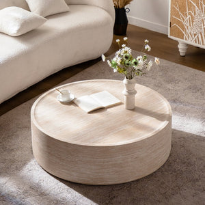 English Elm 39.37" Round Drum Coffee Table with Bold Mars Stone Print for Modern Living Rooms W3081P394201
