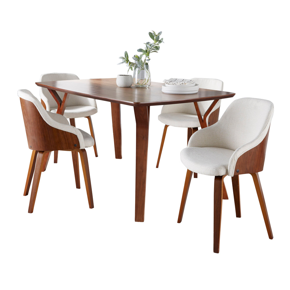English Elm Folia-Bacci Walnut Mid-Century Dining Set with Cream Fabric Chairs — 5-Piece Stylish, Durable Design B202S01430