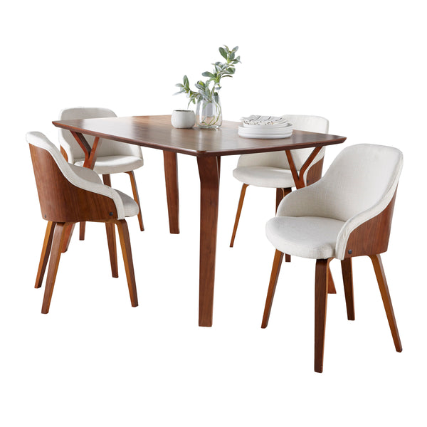 English Elm Folia-Bacci Walnut Mid-Century Dining Set with Cream Fabric Chairs — 5-Piece Stylish, Durable Design B202S01430