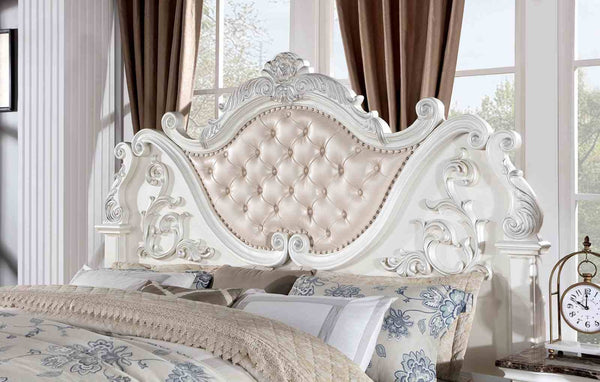 English Elm Luxurious Tufted Leatherette California King Bed Baroque Carved Wood Formal Bedroom B2741S00809