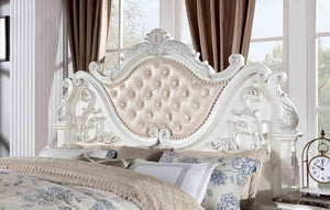 English Elm Pearl White Queen Bed Baroque Carved Tufted Headboard Formal Master Bedroom Statement B2741S00808