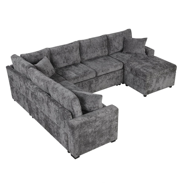 English Elm 112.2" Sectional Sofa Pull-Out Bed with Storage Ottoman, USB Charging, Pocket Spring Comfort, Tweed Chenille Upholstery Grey N719S001540E