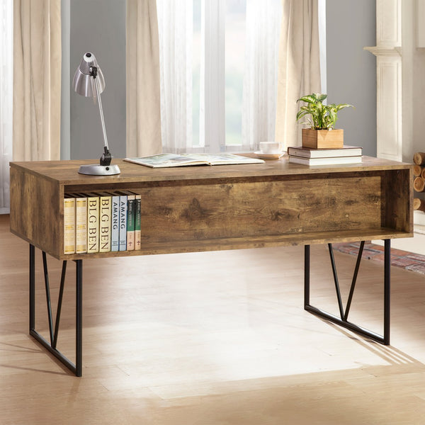 English Elm 1pc Rustic Industrial 63-inch 4-Drawer Writing Desk with Open Shelf, Wood Grain Top and Black Metal Legs Nutmeg Brown 74.21 L x 32.28 W x 6.5 H B011P362072