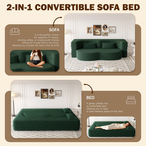 English Elm Modern Full Size Folding Sofa Bed with Teddy Fabric, Foam-Filled 15" Sleeper, 2 Pillows, No Assembly Required Green W1885P272262