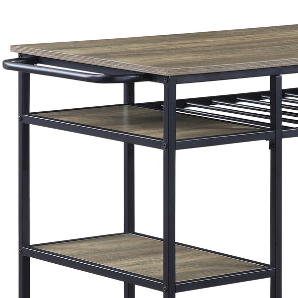 English Elm Lona Rustic Oak Kitchen Island with Black Metal Frame, 6 Open Shelves, 100lb Top Capacity B2726P272332