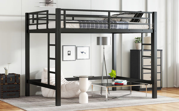 English Elm Full Metal Loft Bed with Sturdy Frame, Easy-Climb Ladder, Guardrails & Underbed Storage Space Black W1580P370678