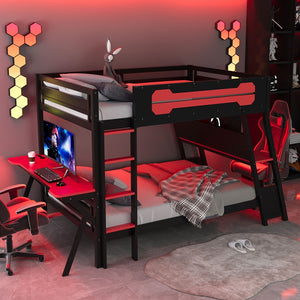 English Elm Full Size Gaming Bunk Bed with Dual Desks Usb Charging Ports and Pegboard Storage Red LT000274AAR