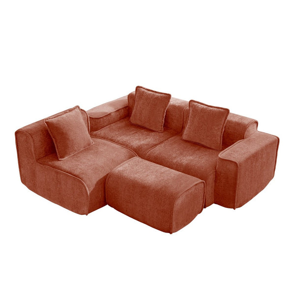English Elm Streamlined Velvet L-shaped Sectional Sofa with Ottoman and Cloud Cushion Living Room Red W3041S00359