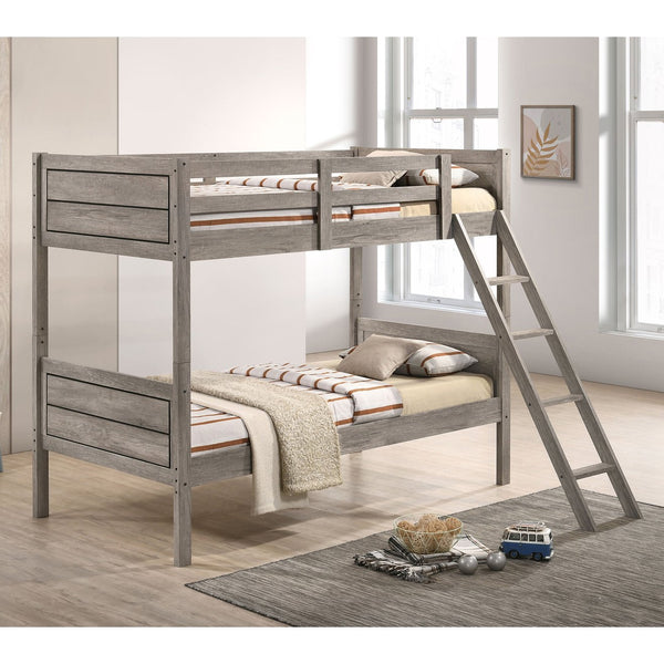 English Elm Brenton Twin-Over-Twin Bunk Bed with Ladder and Slatted Rails, Solid Rubberwood Farmhouse Style Retreat taupe B062S01005